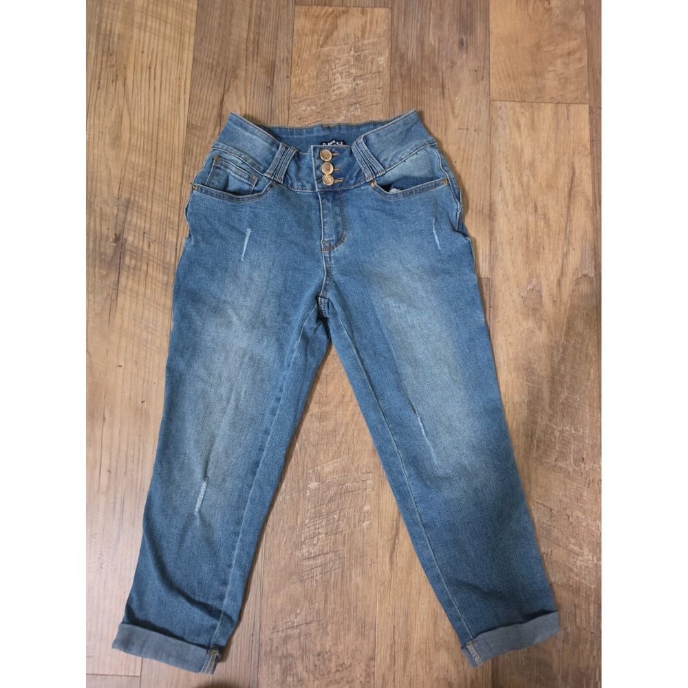 FLAMINGALS XS  Medium Wash Stretch Denim Capris Rolled Up 3 Button